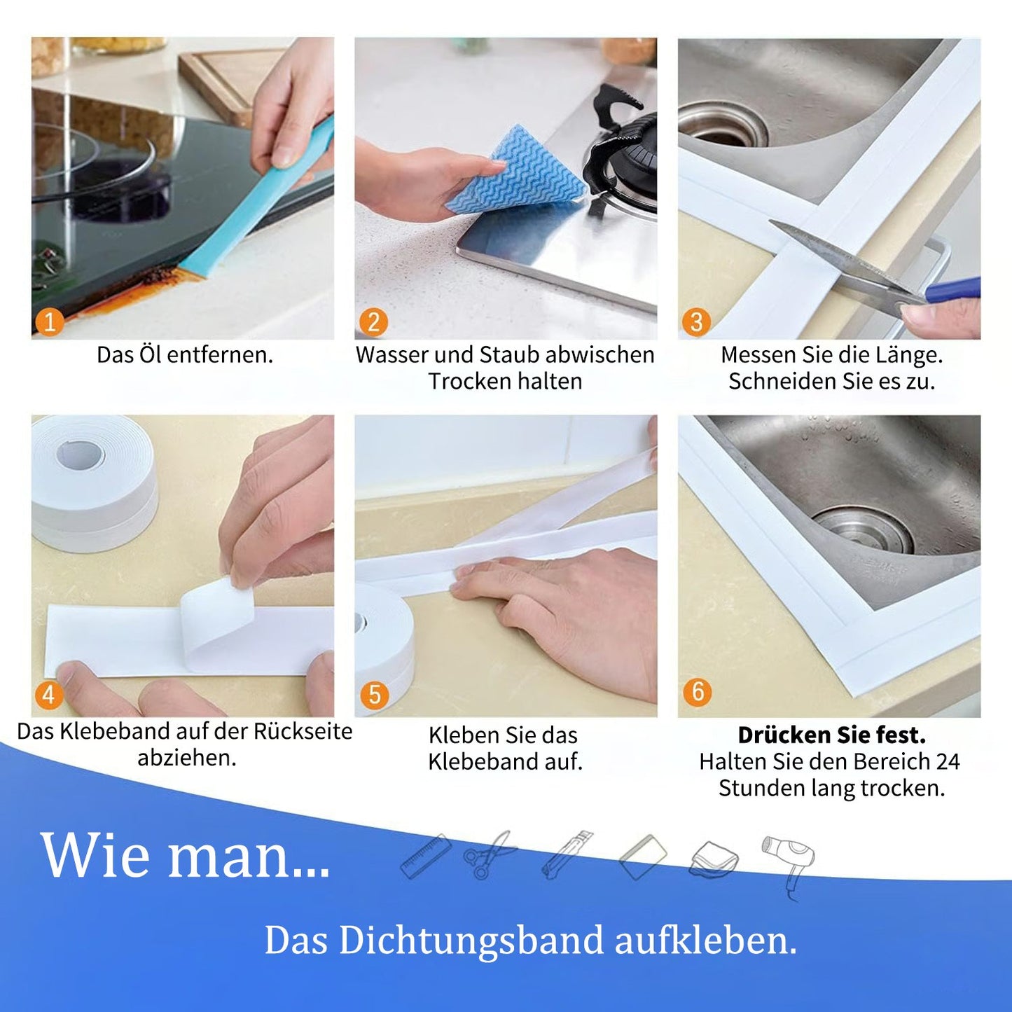 Weißes wasserdichtes, selbstklebendes Dichtband – 3,2 m langlebige Abdichtung für Badezimmer- und Küchenkanten