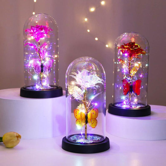 🔥Letzter Tag 49 % Rabatt – 🌹Ewige Schmetterlingsrose in Glasglocke mit LED-Beleuchtung✨