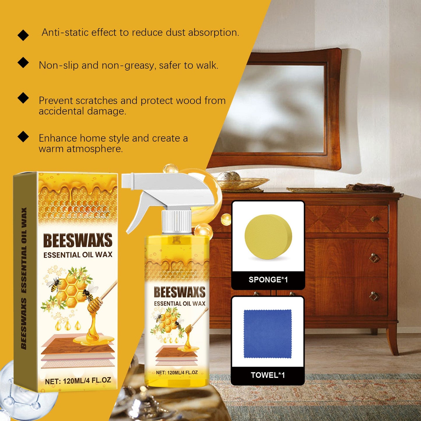 🔥🔥 Bienenwachs-Holzpflegespray 120ml | Verleiht Möbeln, Böden und Schränken natürlichen Glanz und Schutz – nicht fettend, staubabweisend