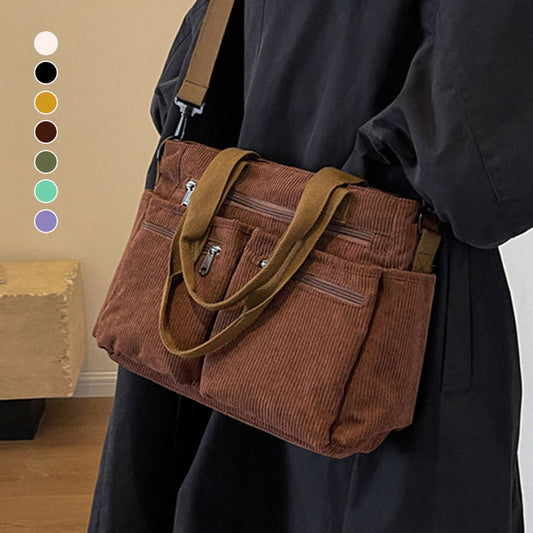 🤎Retro-Schultertasche – Cord-Tragetasche mit mehreren Fächern, großem Fassungsvermögen, schlichte Schulter-/Umhängetasche für den Alltag