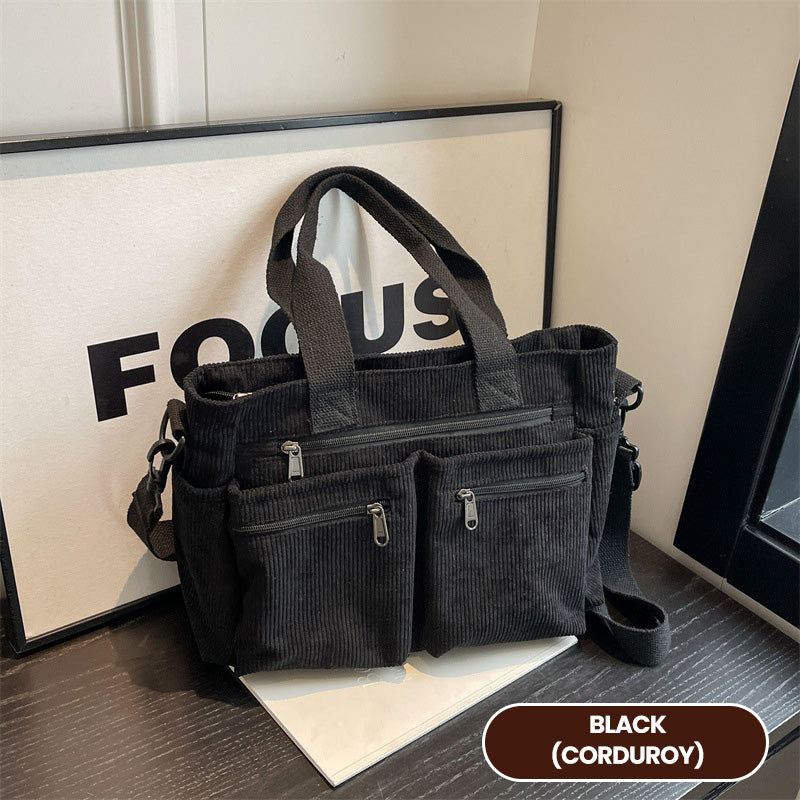 🤎Retro-Schultertasche – Cord-Tragetasche mit mehreren Fächern, großem Fassungsvermögen, schlichte Schulter-/Umhängetasche für den Alltag