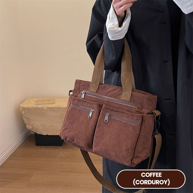 🤎Retro-Schultertasche – Cord-Tragetasche mit mehreren Fächern, großem Fassungsvermögen, schlichte Schulter-/Umhängetasche für den Alltag
